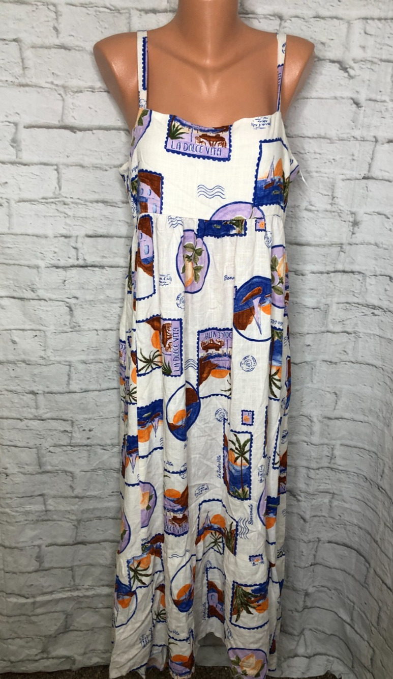 Anthropologie Paper Heart Linen Blend Tropical Fruit Print Maxi Dress Sz XL NWOT